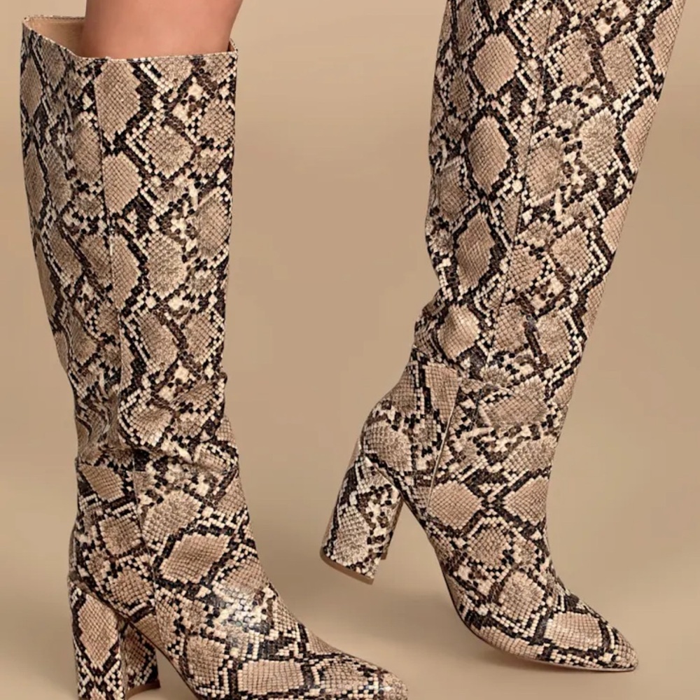 JustFab Brown and Cream Snake-Print Knee-High Heeled Boots